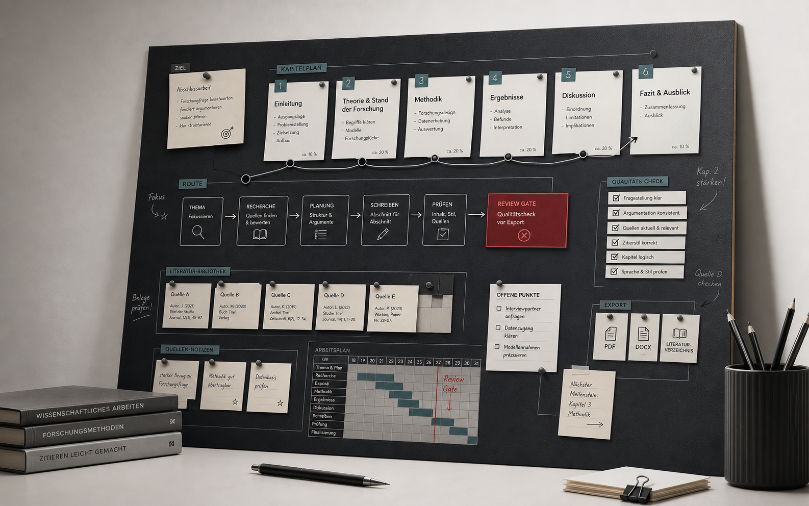 Projektwand für eine Abschlussarbeit mit Kapitelplan, Quellenprüfung, Review Gate und Export